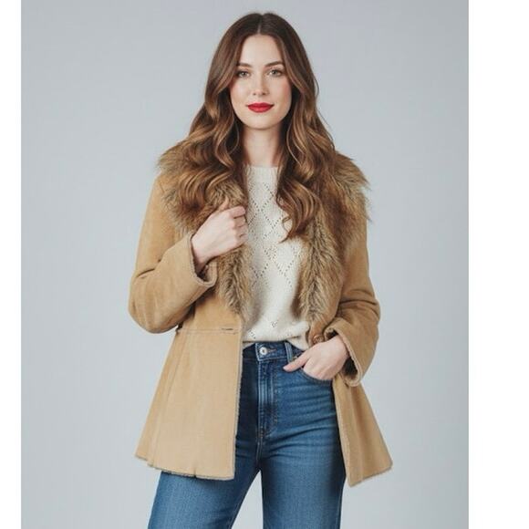 Vintage GUESS Penny Lane Coat Womens Large Y2K Fur Collar Tan Suede Leather - Picture 1 of 7